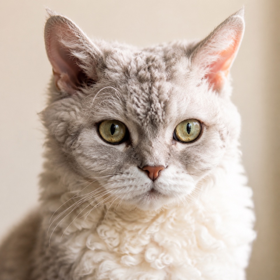 Selkirk Rex cat close-up portrait