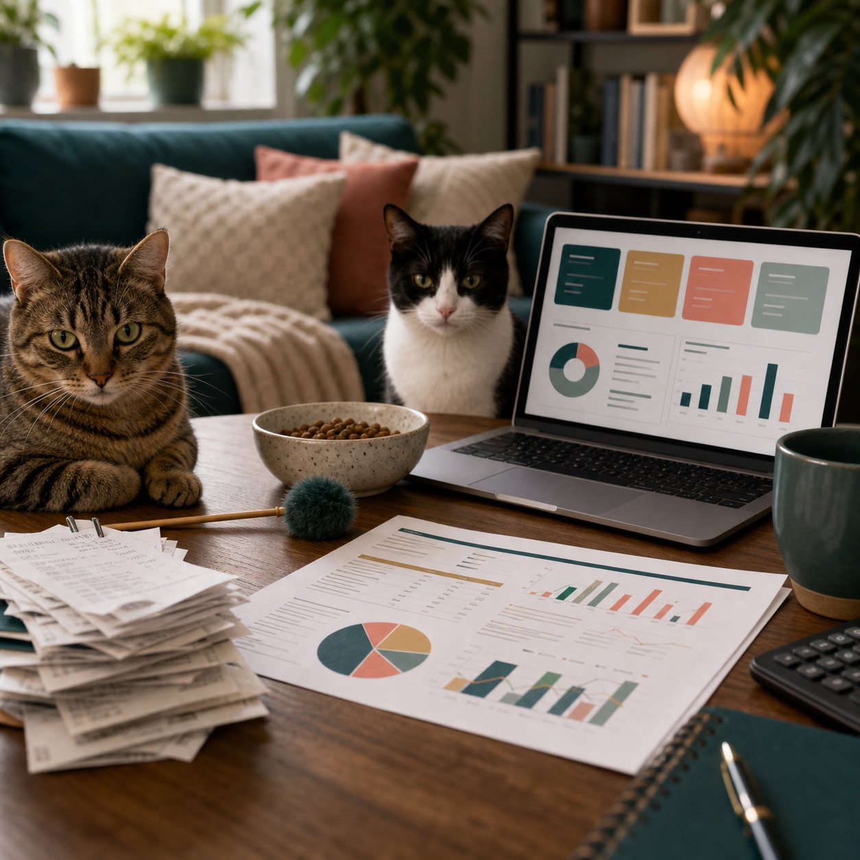 Cat household budget dashboard with receipts and two cats