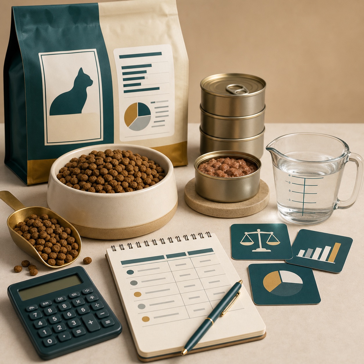 Dry and wet cat food arranged with calculator and comparison cards