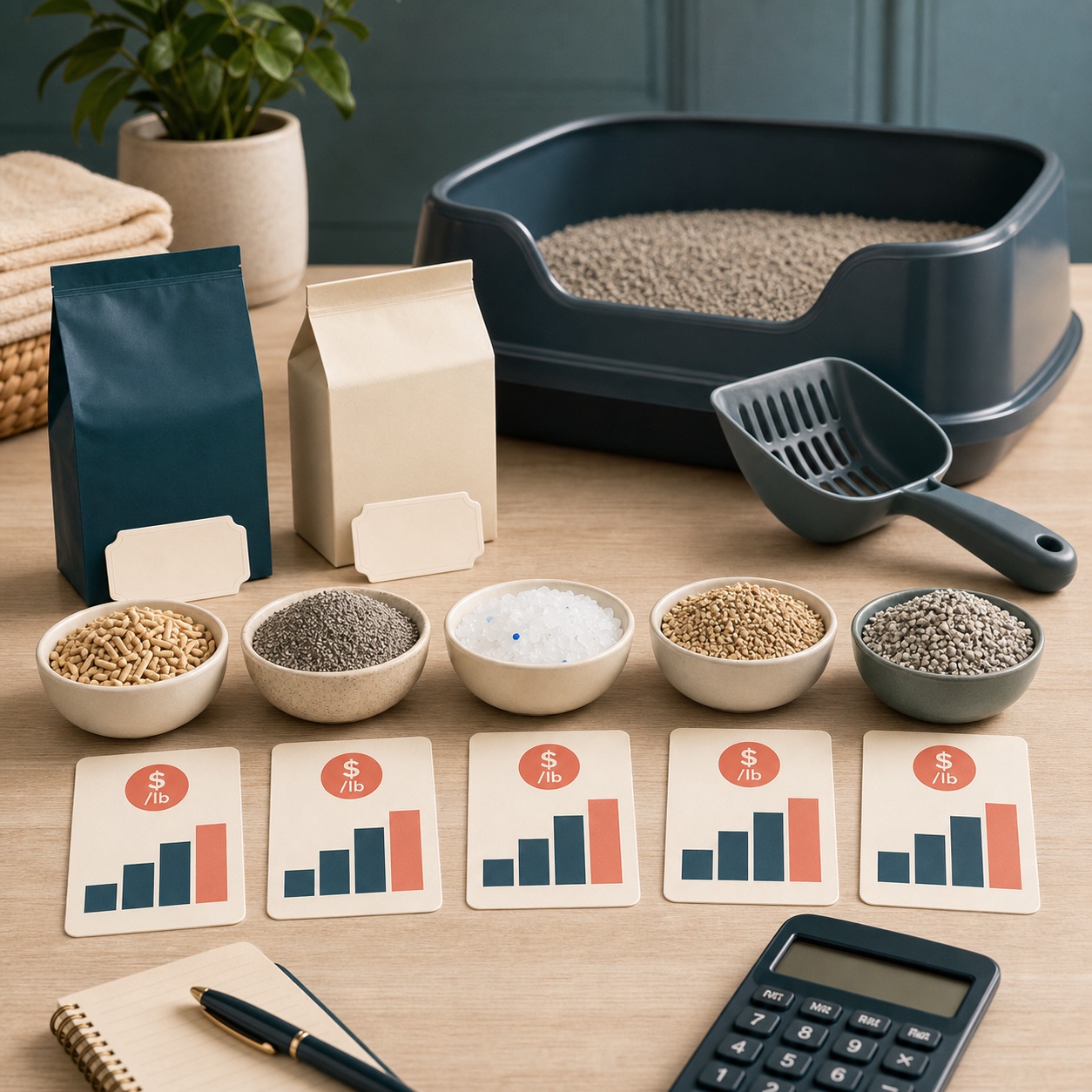 Cat litter materials, scoop, and price comparison cards