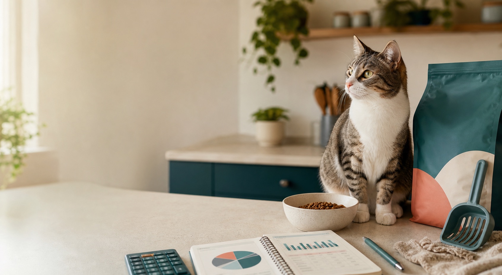 Cat food, litter supplies, calculator, and budget notebook for planning cat costs